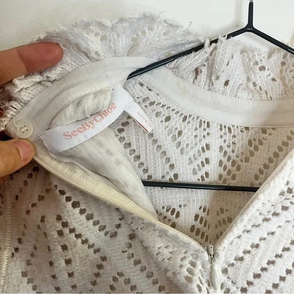 See by Chloe Cream Crochet Knit High Neck Victorian Style Long Sleeve Blouse - Picture 6 of 9